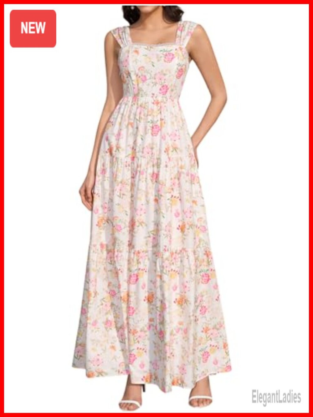 Floral Maxi Dress Lace Up Square Neck Flowy A-Line Sleeveless Wedding Guest